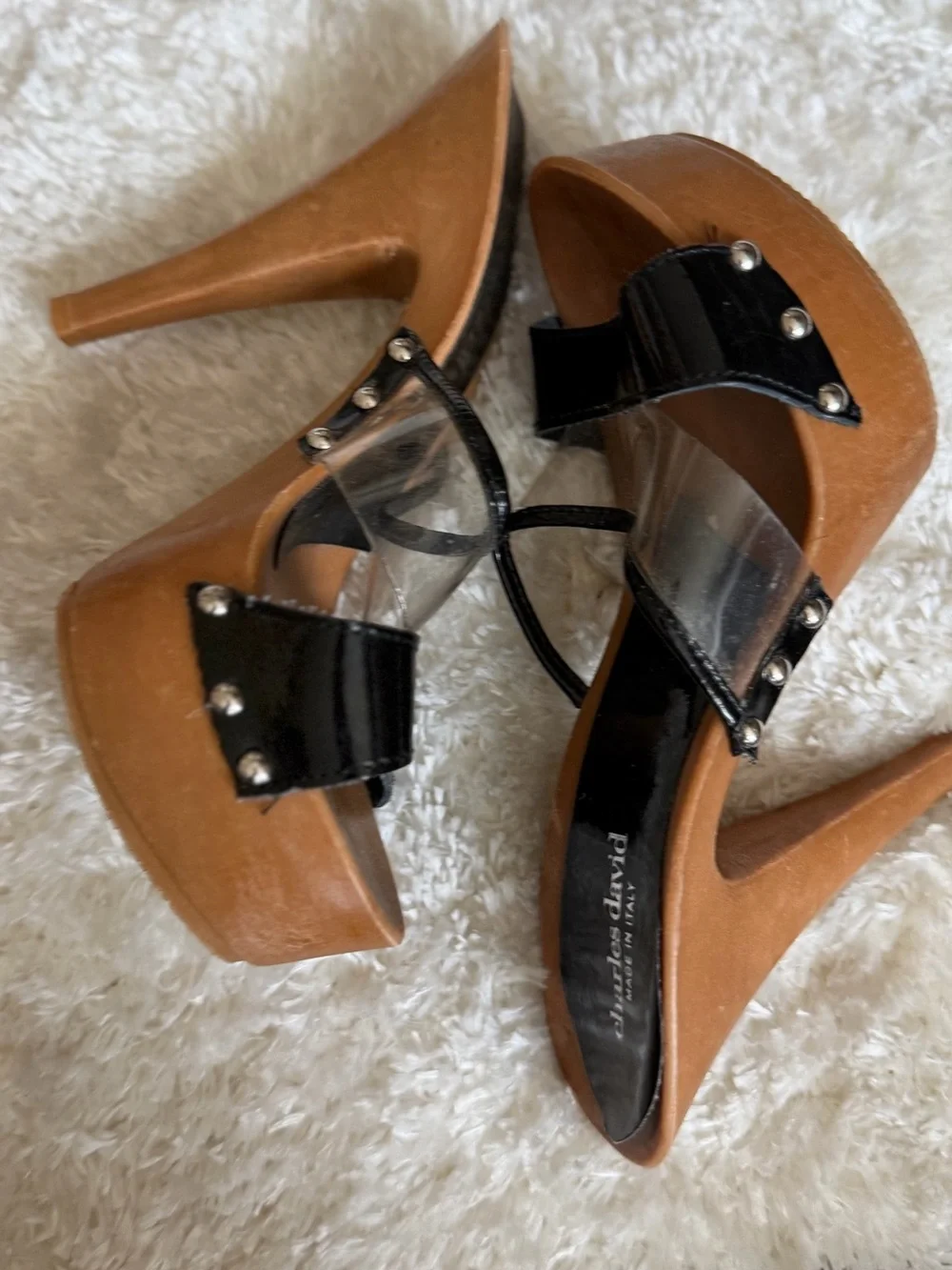 Charles David Brown Platform Heels with Black Patent & Clear Panels